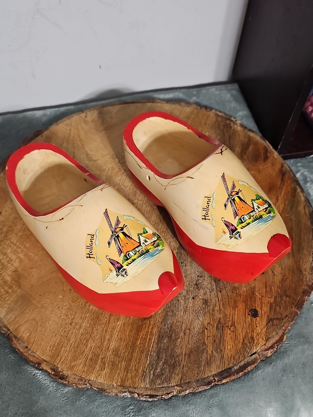 Collectable Handcarved Cream & Red Dutch-Style Wooden Clogs with Windmill Motif